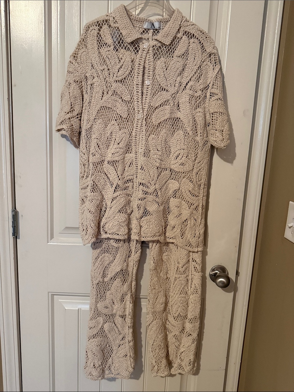 NWT Crochet Knit Two-Piece Set in Beige